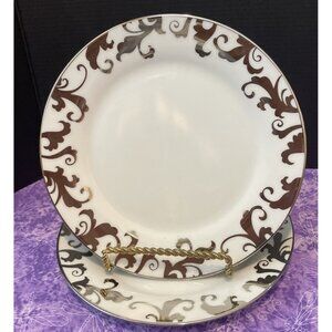Ciroa Luxe Fiori Platinum Scroll Trim Metallic Accent Salad Plates 7.5” Set Of 2
